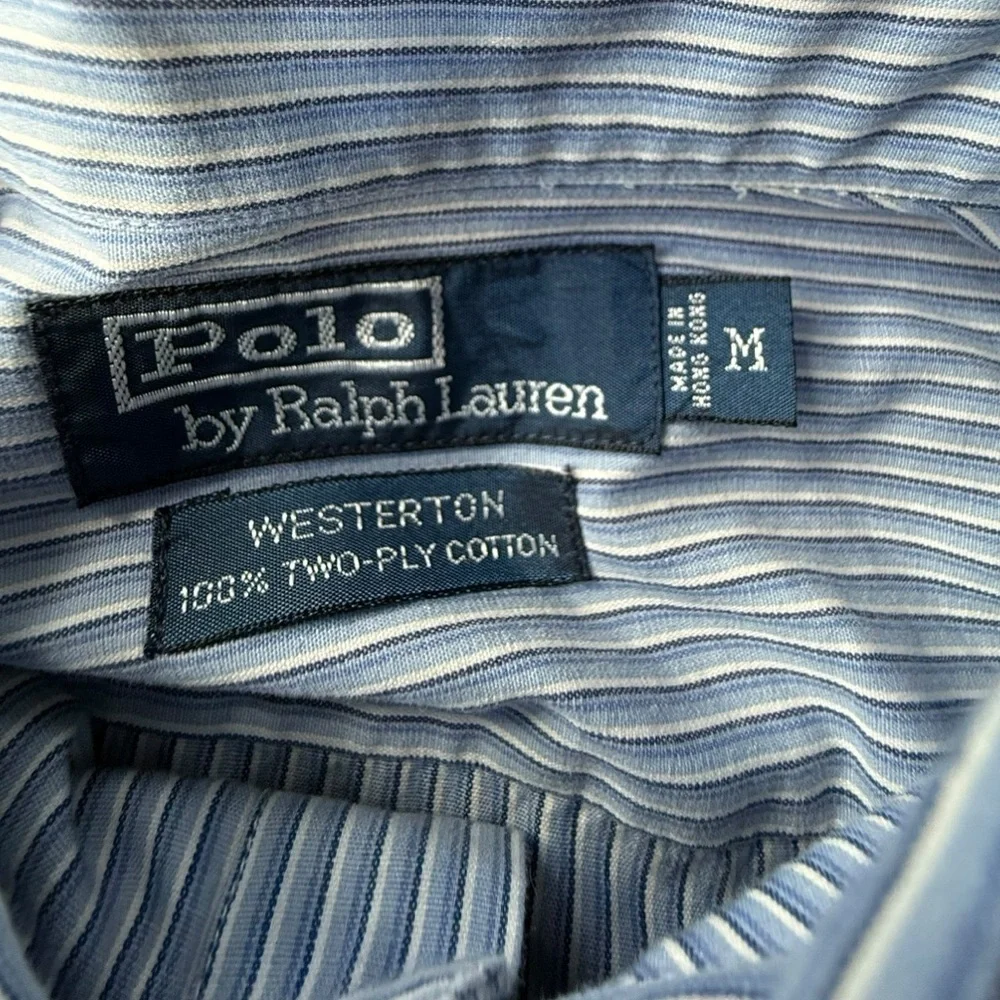 Polo Ralph Lauren Mens Size M Blue Striped Two Ply Cotton Button Up Shirt